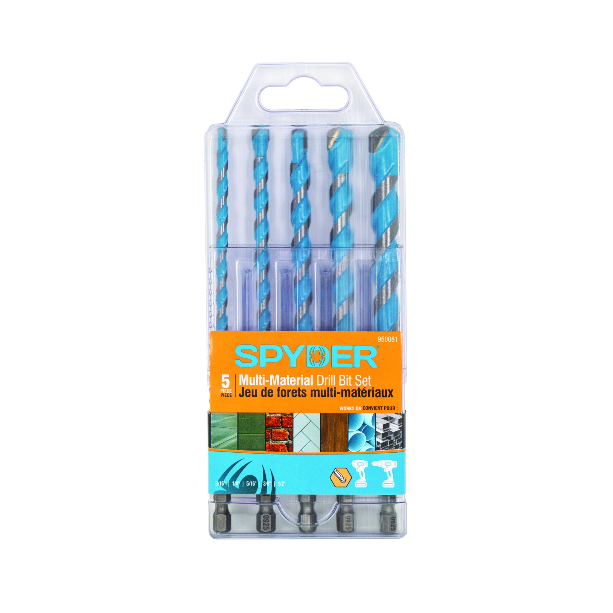 Spyder Impact Shank Carbide-Tipped Masonry Drill Bit Set — 5-Piece, 1/4in. Hex Shanks, Multi-Material, Model# 950081